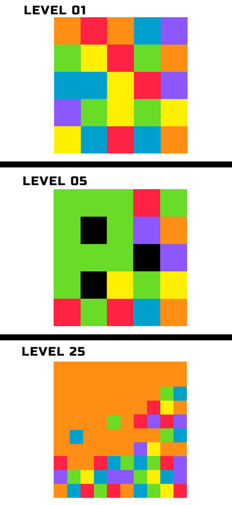Capturas de pantalla de tres niveles del juego de rompecabezas Flood it Chroma que muestran cuadrículas de cuadrados coloridos