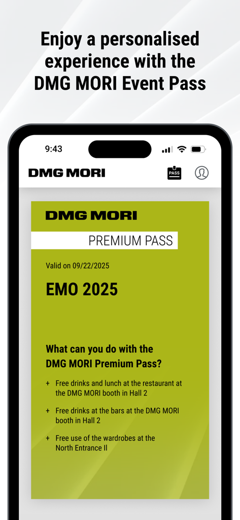 DMG MORI - DMG MORI 앱 스크린샷으로 EMO 2025 산업 무역 박람회의 디지털 프리미엄 패스를 보여줍니다.