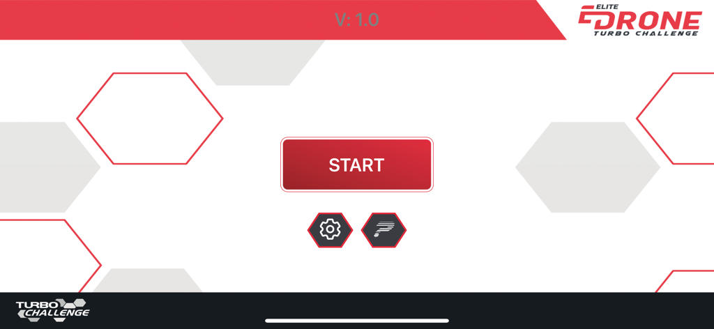 Elite Drone - Elite Drone Turbo Challenge app interface showing the start screen and settings icon