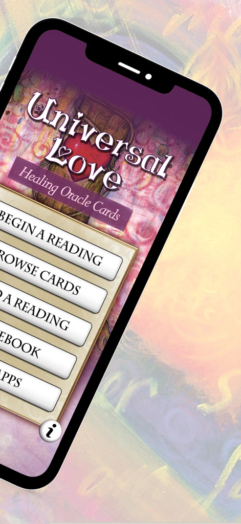 Home screen of the Universal Love Healing Oracle app with spiritual reading menu options