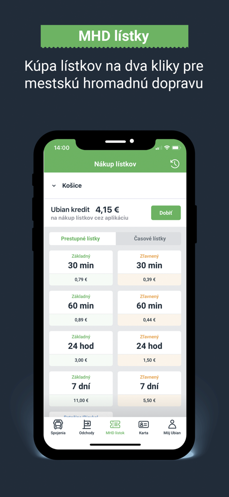 L'écran d'achat de billets de l'application Ubian pour les transports publics en Slovaquie.