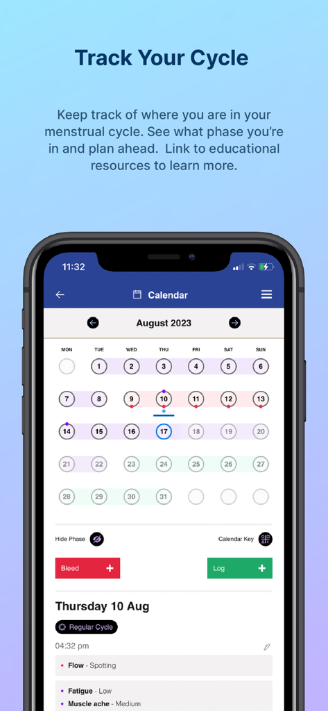 FitrWoman - Una pantalla de smartphone mostrando el calendario del ciclo menstrual de la app FitrWoman y el registro de síntomas