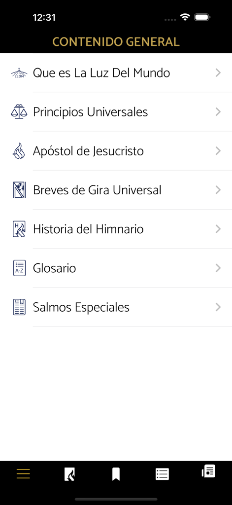 General content screen of the Himnario LLDM app showing various religious categories