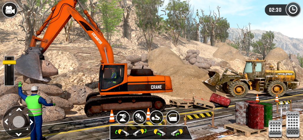 Construction Excavator Games - Orangefarbener schwerer Bagger, der auf einer Baustelle in einem 3D-Simulationsspiel Steine ausgräbt