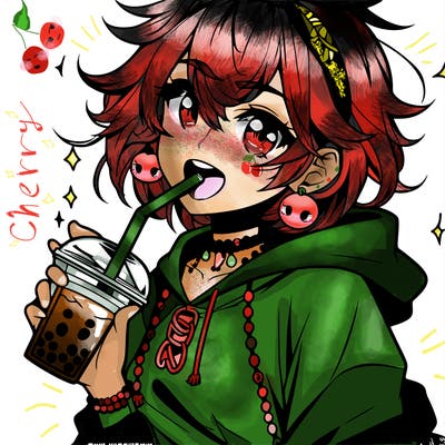 hot baddie anime girl drinking boba and biting the straw