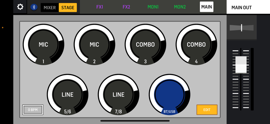 Digital audio mixing interface with control knobs for mic and line inputs in stage view mode