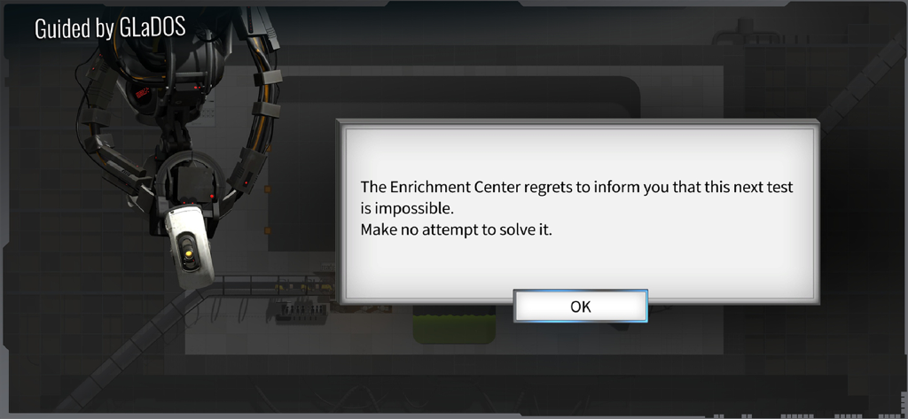 Bridge Constructor Portal - GLaDOS presenting a humorous dialogue box in Bridge Constructor Portal