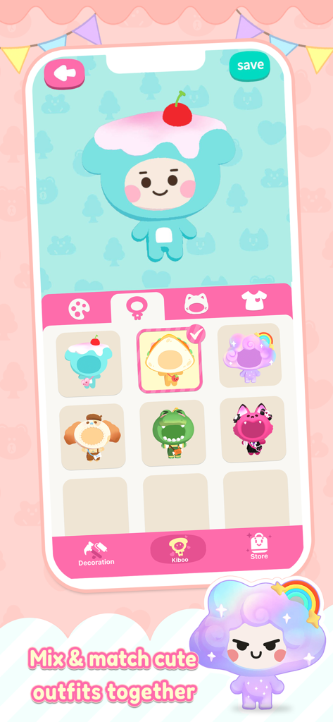 Avatar customization screen in the Kiboo app with various cute outfits and accessories