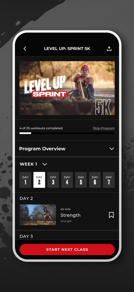 Spartan Race app interface showing the Level Up Sprint 5K training schedule and workout details