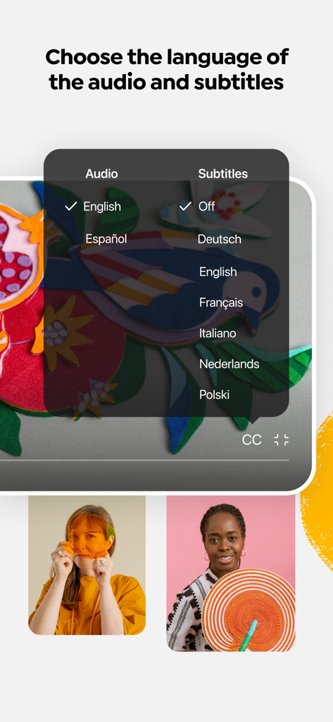 Domestika app interface displaying audio and subtitle language selection menu for online courses