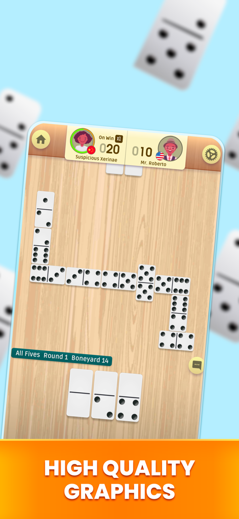 Mobile dominoes game interface showing a match in progress on a wooden table theme