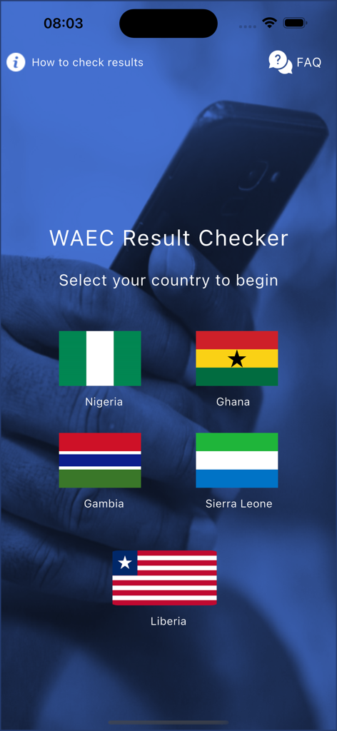 WAEC Result Checker - WAEC Result Checker app home screen showing country selection options for Nigeria Ghana Gambia Sierra Leone and Liberia