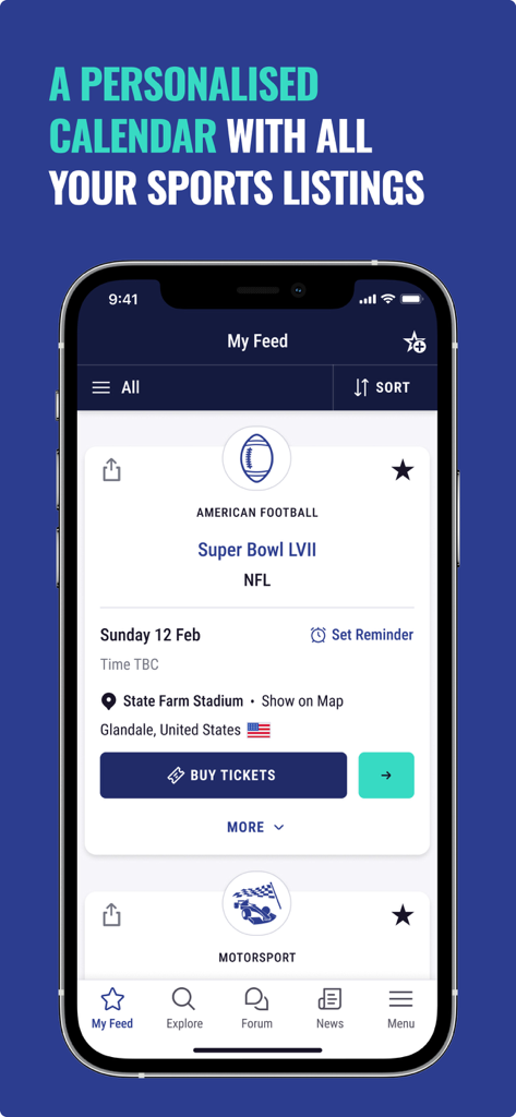 Fixture Calendar app screenshot showing a personalized sports feed with a listing for Super Bowl LVII including ticket options