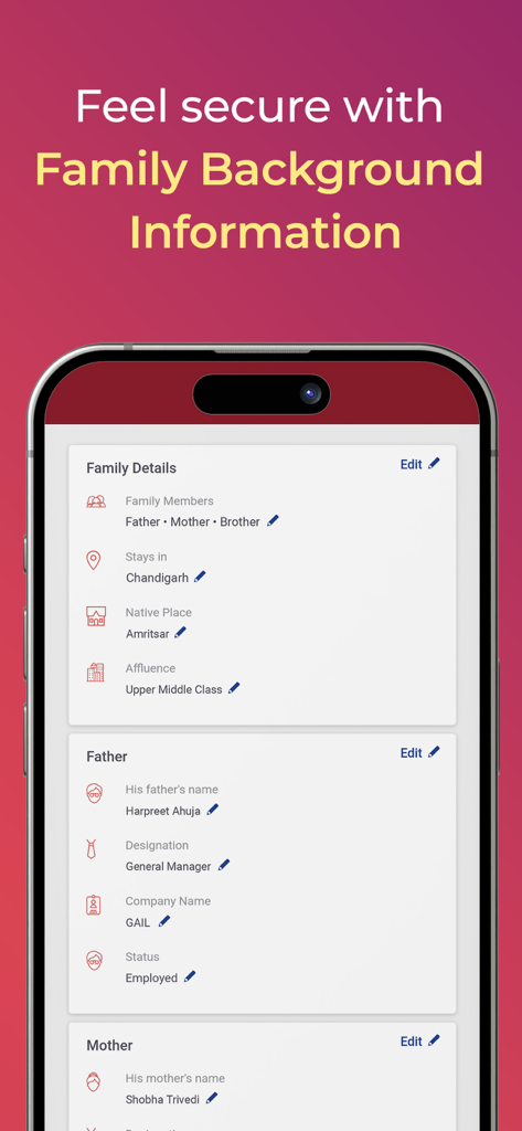 Interfaz de la aplicación Matrimonio Punjabi que muestra el historial familiar y la información del padre para un emparejamiento seguro