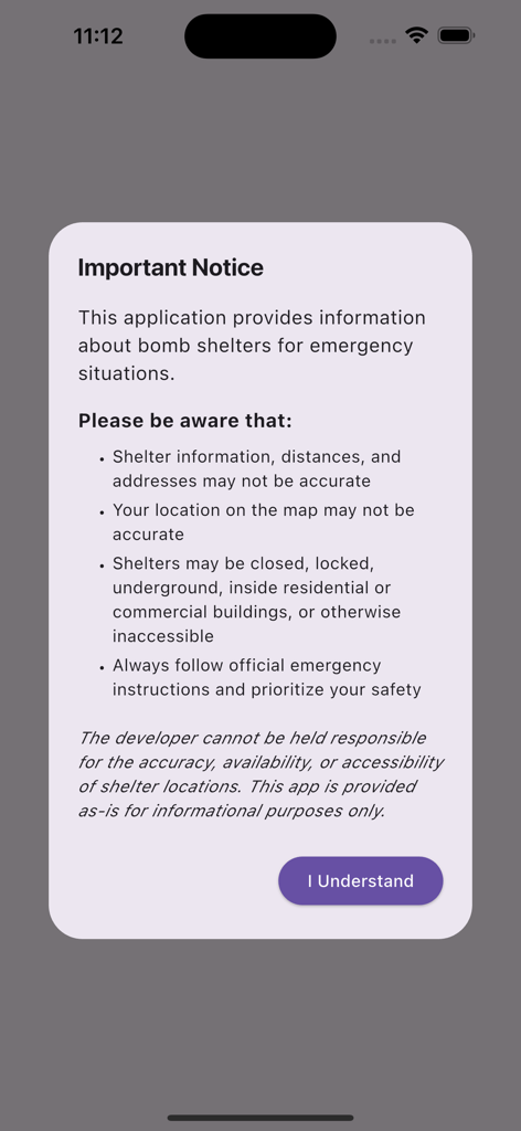 Important safety notice screen in the Bomb Shelter Locator Israel app providing information and disclaimers for emergency situations.