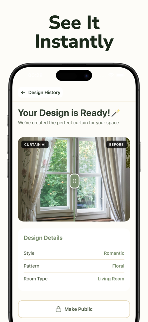 Curtain AI: Home Decor Design - Comparación de antes y después de una ventana con cortinas florales románticas generadas por IA en la interfaz de la aplicación Curtain AI.