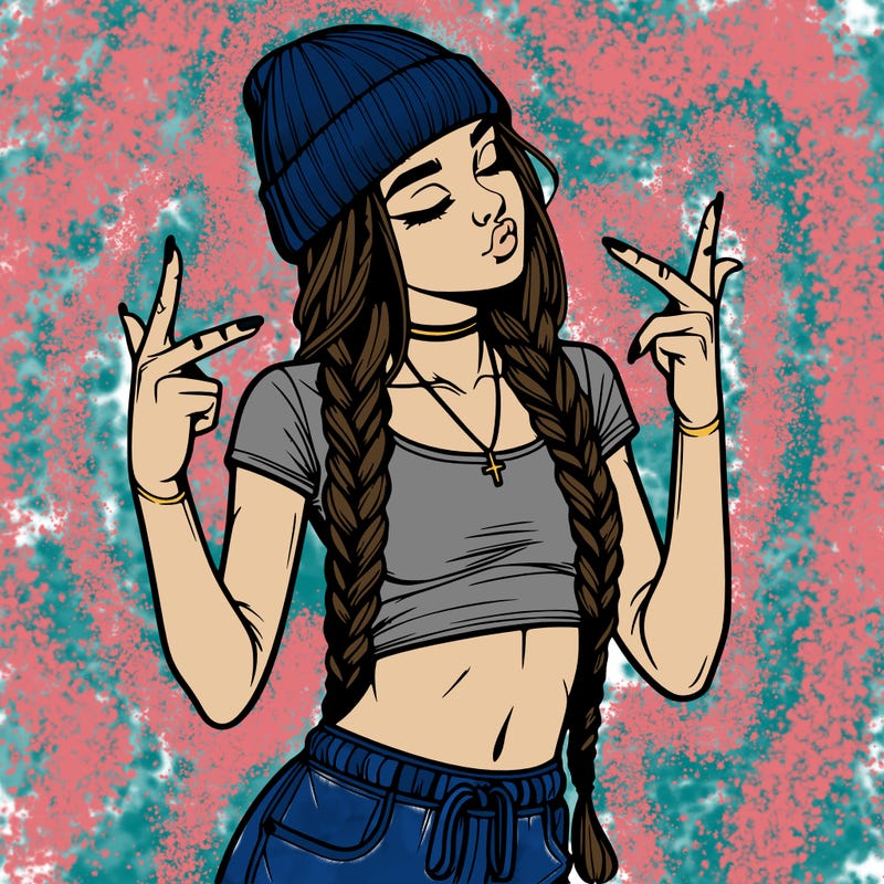 realistic teenage girl with braids and a beanie and crop top doing 🫶🏼