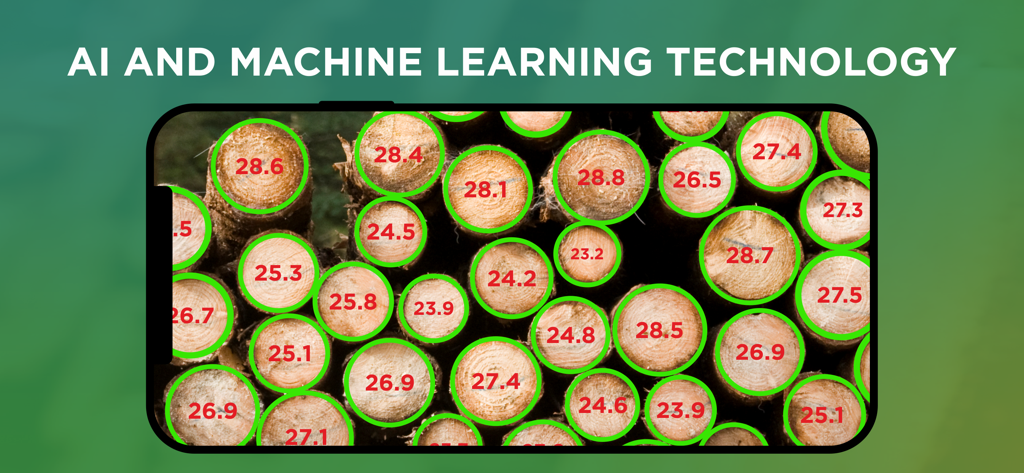 Smartphone screen showing Timbeter app measuring log diameters using AI technology