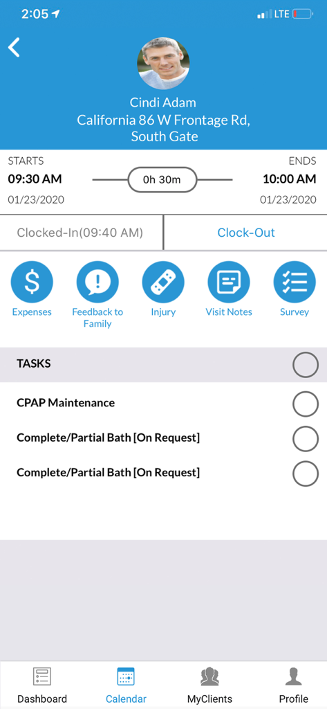 CareSmartz360⁺ - CareSmartz360 app interface showing client information caregiver shift timing and a list of medical tasks