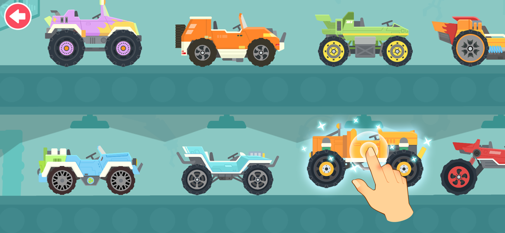 Eine Hand wählt in einer Garage ein orangefarbenes Geländefahrzeug aus einer Auswahl bunter Lastwagen aus.