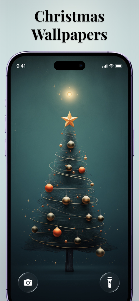 Lock Screen 26: Widgets & Icon - An iPhone lock screen displaying a festive Christmas tree wallpaper.