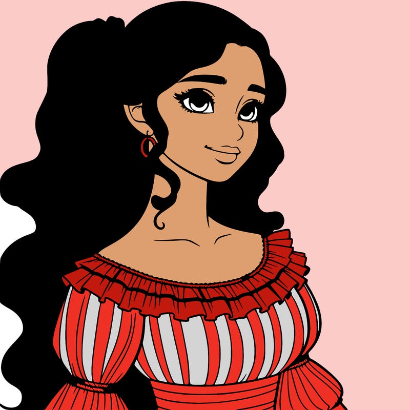 a single latina woman with a side ponytail and a long dress with ruffles. she has a few discreet flowers in her hair. realistic