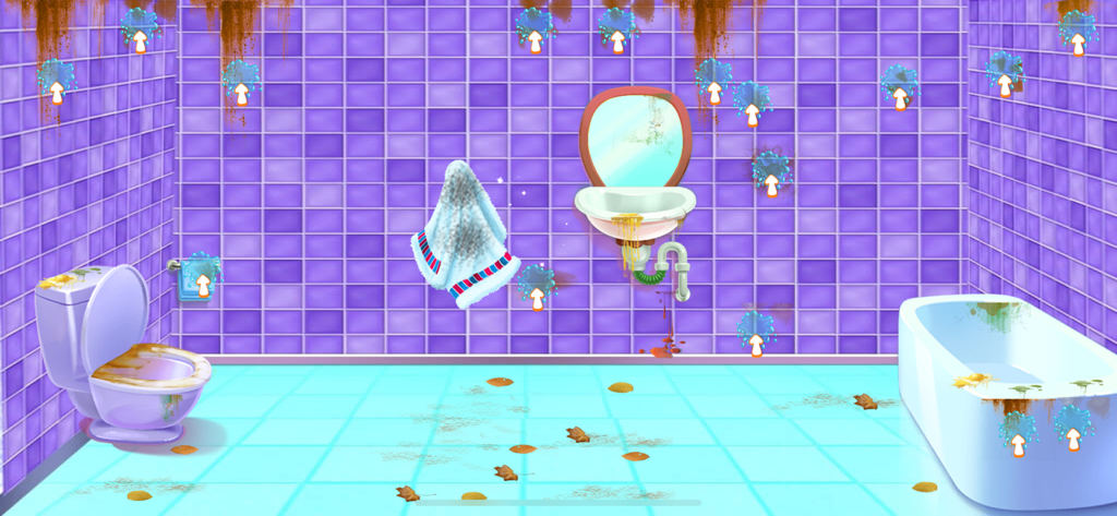 CleanUp City Clean House Game - Messy bathroom level in the CleanUp City mobile game featuring interactive cleaning tasks.