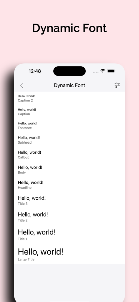 DevBox - Toolbox for Developer - Captura de tela da ferramenta de Fontes Dinâmicas no aplicativo DevBox mostrando uma lista de estilos de texto do iOS de legenda a título grande