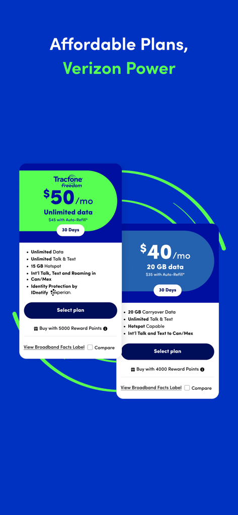 A display of Tracfone prepaid service plans including unlimited and 20GB data options