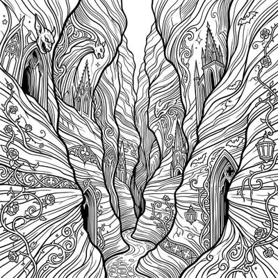 Explore a breathtaking world where nature meets dark fantasy with this stunning Gothic slot canyon coloring page. Its intricate details of soaring rock walls, mysterious architecture, and enchanting flora promise hours of creative immersion for colorists.