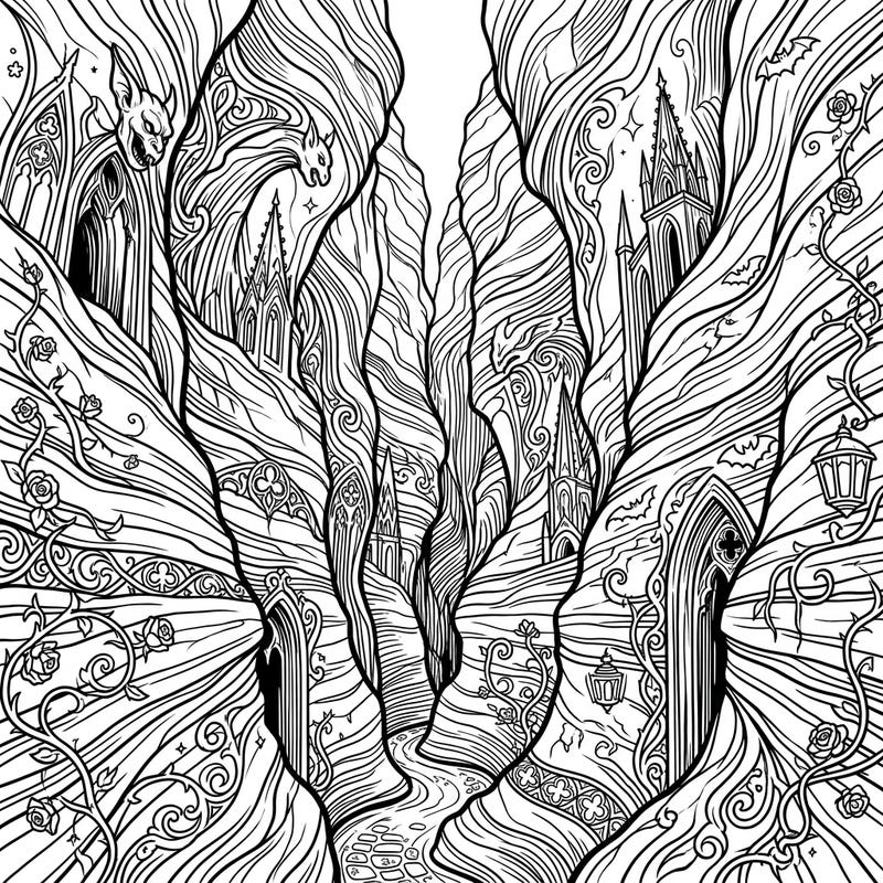 Explore a breathtaking world where nature meets dark fantasy with this stunning Gothic slot canyon coloring page. Its intricate details of soaring rock walls, mysterious architecture, and enchanting flora promise hours of creative immersion for colorists.