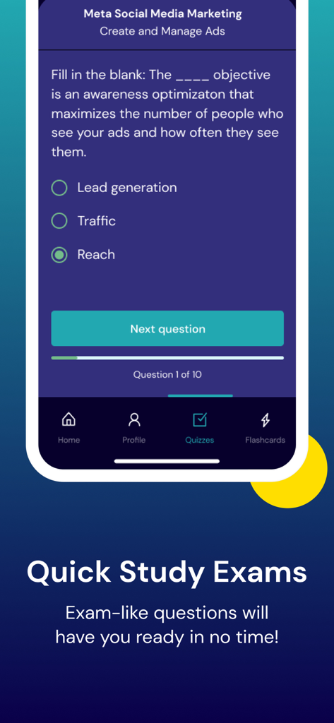 Aptly Study - Interface do aplicativo Aptly Study mostrando uma questão de múltipla escolha para certificação profissional.