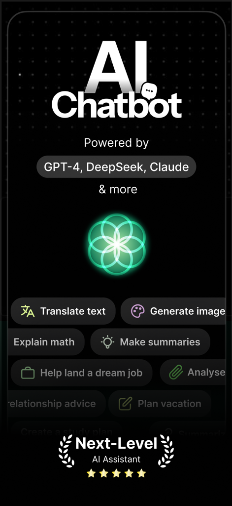 Interfaz del chatbot Genora AI mostrando integraciones con GPT-4 Claude y DeepSeek junto con herramientas de productividad como traducción de texto y generación de imágenes