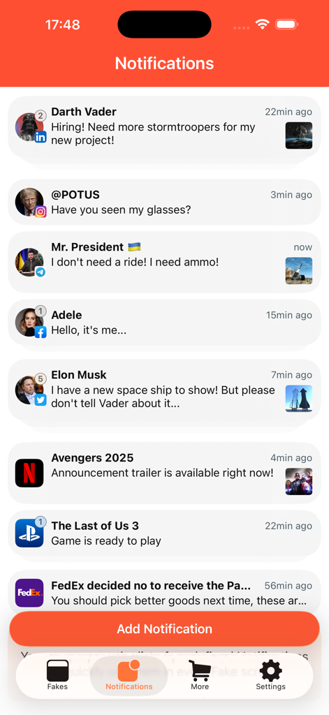 Faker - Fake Notifications - A list of prank iOS notifications from celebrities like Elon Musk, Adele, and world leaders inside the Faker app.