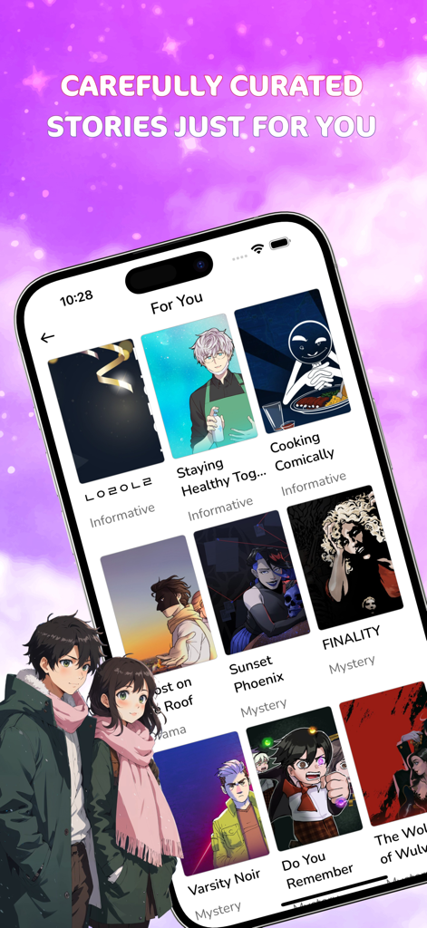Manga Webtoon: Endless Stories - A mobile app interface displaying a curated list of manga and webtoon stories titled For You