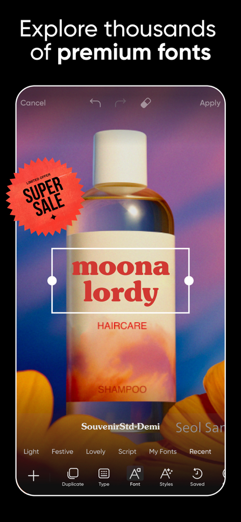 Picsart app interface showing the text editor with premium fonts applied to a product photo for a super sale advertisement