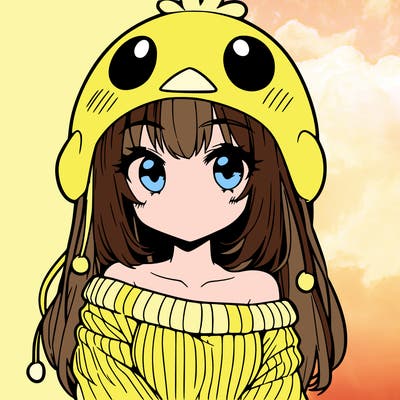 anime girl with chick shaped hat with sweater with bare shoulders with bangs covering them one eye with low tail