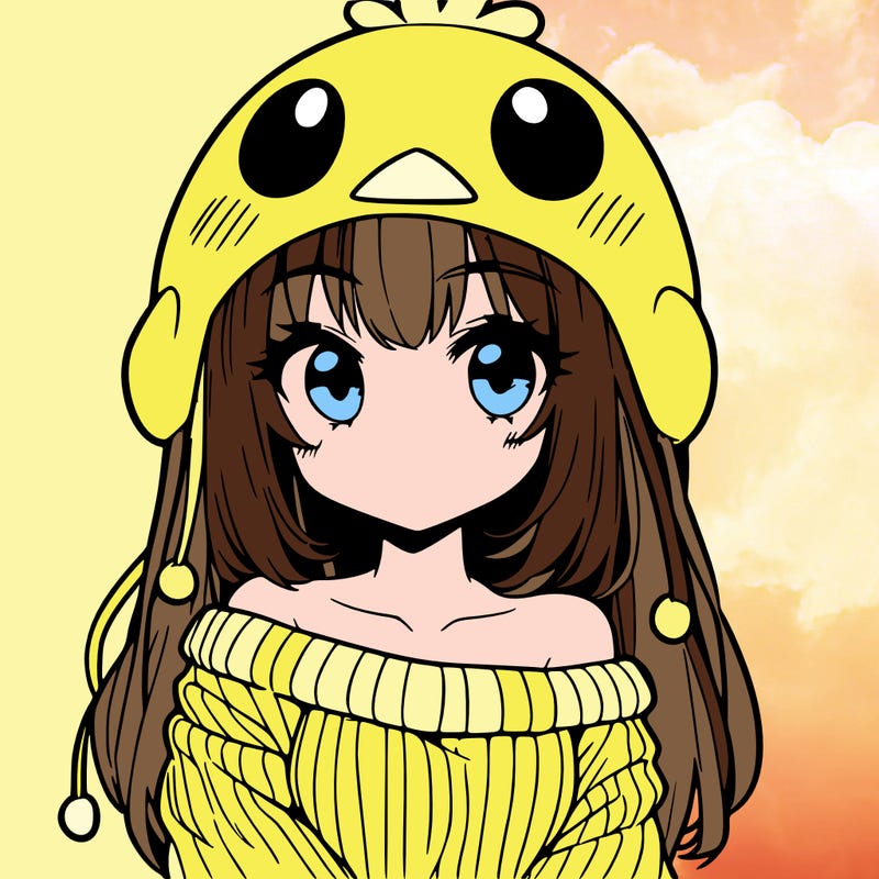 anime girl with chick shaped hat with sweater with bare shoulders with bangs covering them one eye with low tail