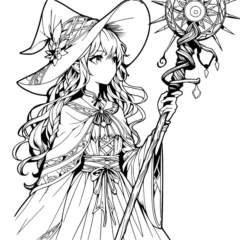 a realistic fantasy manga witch with a staff