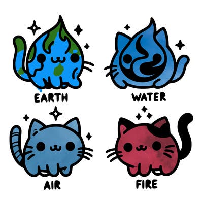 4 cats that represent the different elements, earth, water, air, and fire