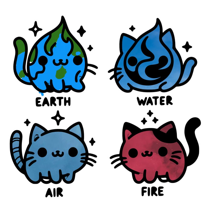 4 cats that represent the different elements, earth, water, air, and fire