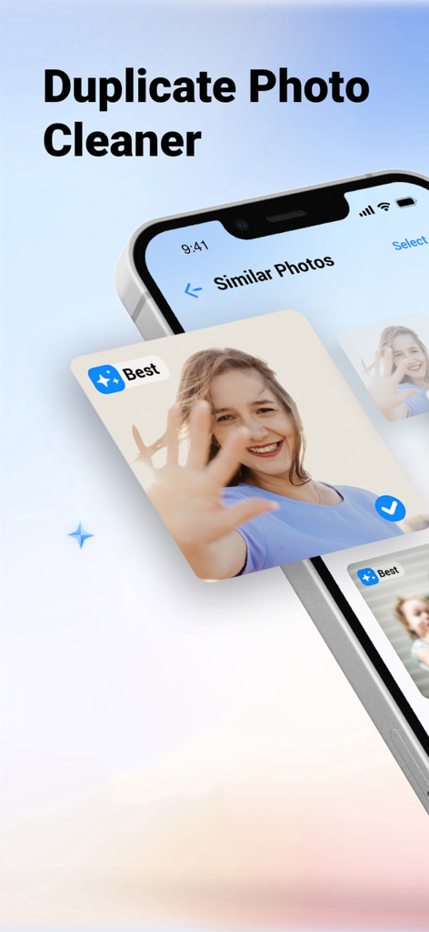 Space Saver-Phone Cleanup - Space Saver app interface showing the duplicate photo cleaner and similar photos selection with a best photo badge