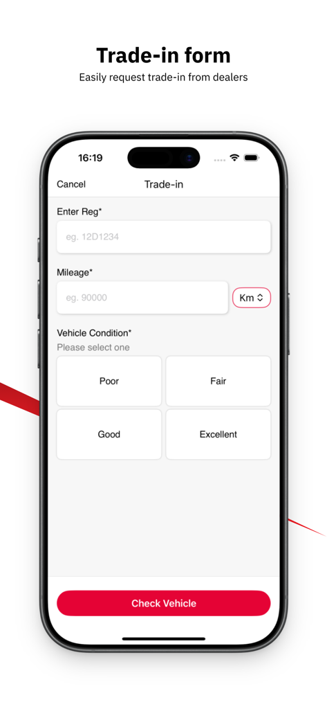 CarsIreland mobile app trade in form screen showing vehicle condition selection