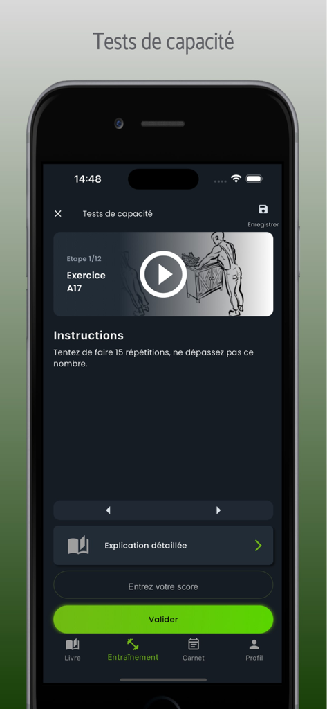 Méthode Lafay 2A - Screenshot of the Méthode Lafay 2A app displaying exercise instructions and a capacity test interface