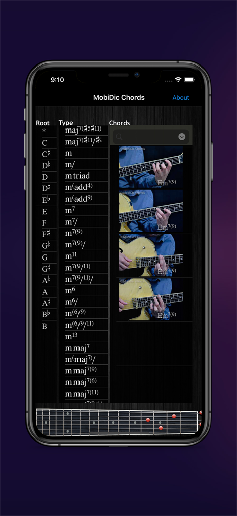 Mobidic Guitar Chords - Mobidic Guitar Chords app screen showing root notes and hand position photos