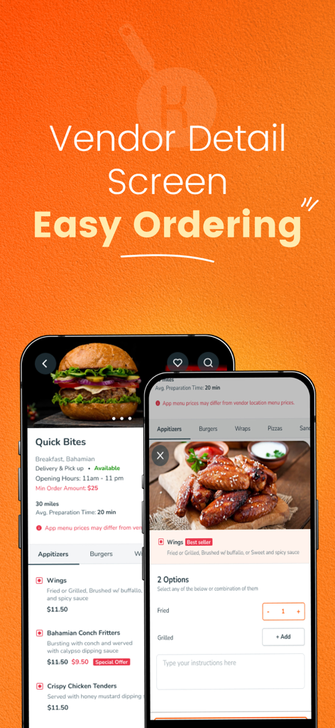 KRAVEN: Food Delivery - KRAVEN app interface for vendor details and easy food ordering