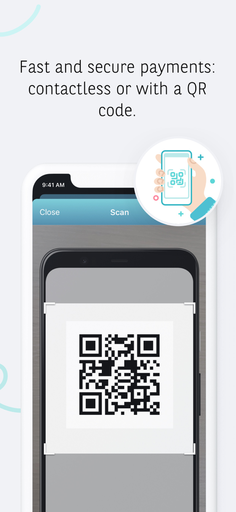Interface de l'application Hello bank Belgique montrant un scanner de code QR pour des paiements sans contact rapides et sécurisés