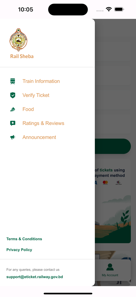 Side navigation menu of the Rail Sheba mobile app with options for train information and ticket verification