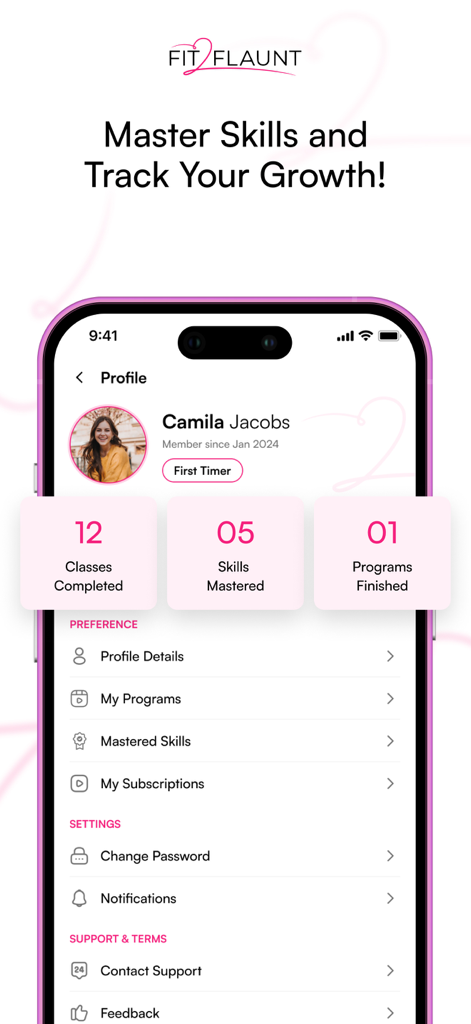 Fit-2-Flaunt - User profile screen of the Fit-2-Flaunt app showing classes completed and skills mastered.