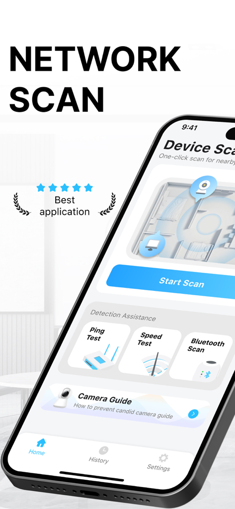 Security Camera App - CamScan - Interface of CamScan app displaying the network scan screen with device detection and security testing tools